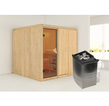 Houten sauna met saunakachel en glazen voorkant