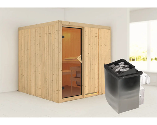 Houten sauna met saunakachel en glazen voorkant