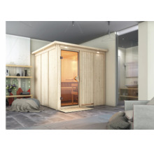 Houten sauna met glazen deur in een modern ingerichte kamer