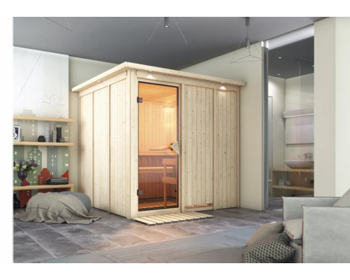 Houten sauna met glazen deur in een modern ingerichte kamer