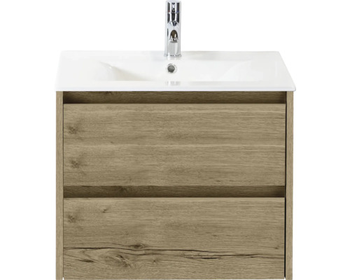 SANOX Badkamermeubelset Dante natuur eiken 60 cm met twee lades incl. keramische wastafel Enjoy met één kraangat Wastafelmeubel met twee laden en kraan