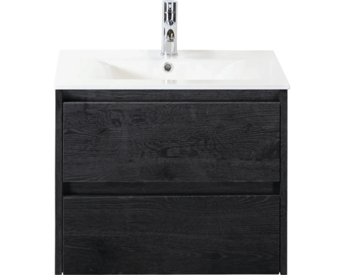SANOX Badkamermeubelset Dante black oak 60 cm met twee lades incl. keramische wastafel Enjoy met één kraangat Wastafelonderkast met twee laden, opzetwastafel en kraan