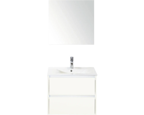 SANOX Badkamermeubelset Dante hoogglans wit 60 cm met twee lades incl. keramische wastafel Enjoy met één kraangat en spiegel Wastafelmeubel met onderkast en spiegel voor de badkamer