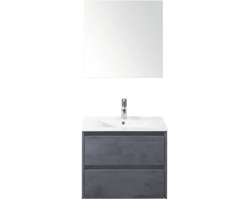 SANOX Badkamermeubelset Dante beton antraciet 60 cm met twee lades incl. keramische wastafel Enjoy met één kraangat en spiegel Wastafelmeubel met wastafel, kraan en spiegel voor de badkamer