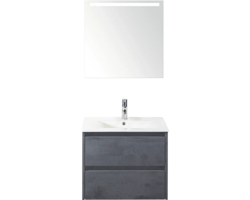 SANOX Badkamermeubelset Dante beton antraciet 60 cm met twee lades incl. keramische wastafel Enjoy met één kraangat en spiegel met verlichting Wastafelmeubel met twee lades, wastafel en spiegel met verlichting