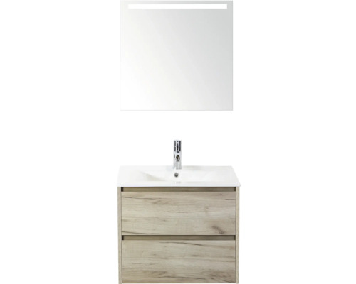 SANOX Badkamermeubelset Dante craft oak 60 cm met twee lades incl. keramische wastafel Enjoy met één kraangat en spiegel met verlichting Wastafelmeubel met onderkast, wastafel, kraan en spiegel met verlichting