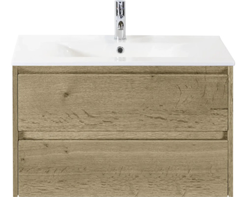SANOX Badkamermeubelset Dante natuur eiken 80 cm met twee lades incl. keramische wastafel Enjoy met één kraangat Wastafelonderkast met twee laden en keramische wastafel