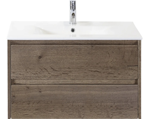 SANOX Badkamermeubelset Dante tabacco 80 cm met twee lades incl. keramische wastafel Enjoy met één kraangat Wastafelonderkast met twee lades en opzetwastafel