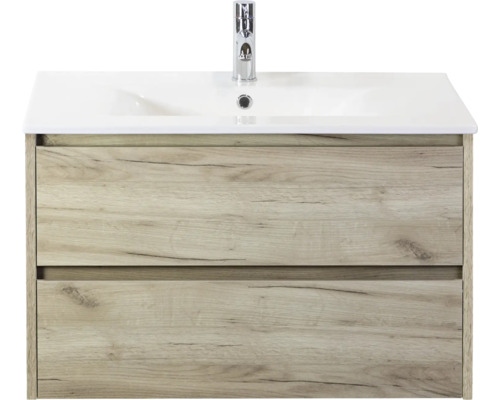 SANOX Badkamermeubelset Dante craft oak 80 cm met twee lades incl. keramische wastafel Enjoy met één kraangat Wastafelonderkast met twee laden en wastafel