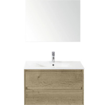 Wastafelcombinatie met spiegel, wastafel, kraan en houten onderkast