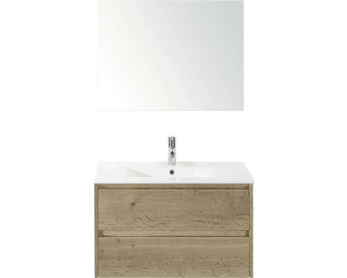 SANOX Badkamermeubelset Dante natuur eiken 80 cm met twee lades incl. keramische wastafel Enjoy met één kraangat en spiegel Wastafelcombinatie met spiegel, wastafel, kraan en houten onderkast