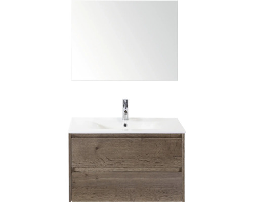 SANOX Badkamermeubelset Dante tabacco 80 cm met twee lades incl. keramische wastafel Enjoy met één kraangat en spiegel Wastafelmeubel met spiegel en wastafelonderkast