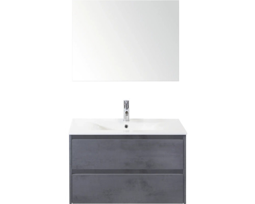 SANOX Badkamermeubelset Dante beton antraciet 80 cm met twee lades incl. keramische wastafel Enjoy met één kraangat en spiegel Wastafelcombinatie met spiegel, onderkast en wastafel