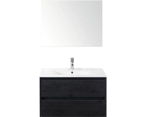 SANOX Badkamermeubelset Dante black oak 80 cm met twee lades incl. keramische wastafel Enjoy met één kraangat en spiegel Wastafelonderkast met spiegel voor de badkamer