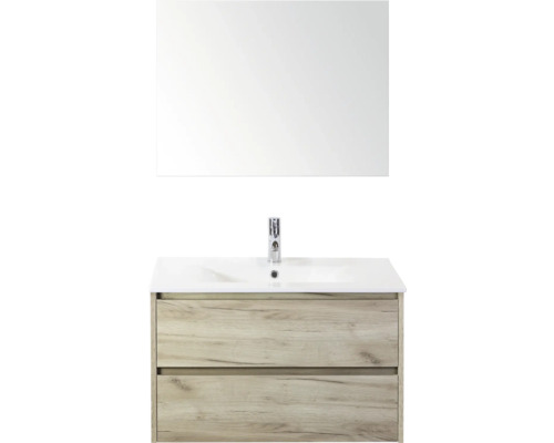 SANOX Badkamermeubelset Dante craft oak 80 cm met twee lades incl. keramische wastafel Enjoy met één kraangat en spiegel Wastafelcombinatie met spiegel, wastafel en twee lades