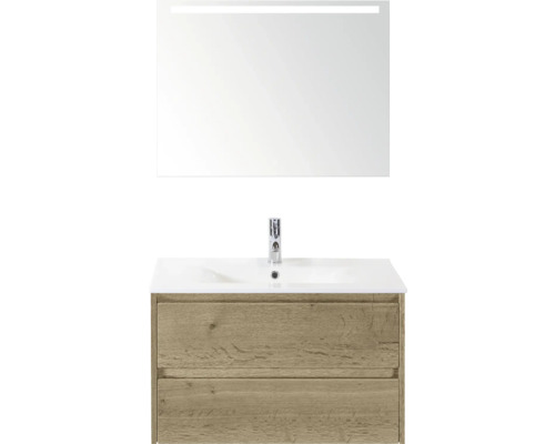 SANOX Badkamermeubelset Dante natuur eiken 80 cm met twee lades incl. keramische wastafel Enjoy met één kraangat en spiegel met verlichting Wastafelcombinatie met spiegel en twee laden
