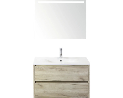 SANOX Badkamermeubelset Dante craft oak 80 cm met twee lades incl. keramische wastafel Enjoy met één kraangat en spiegel met verlichting Wastafelmeubel met onderkast en spiegel met verlichting voor de badkamer