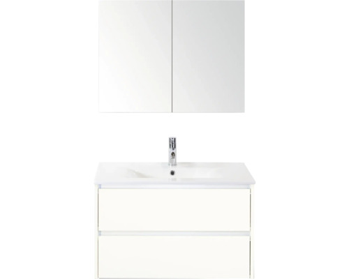 SANOX Badkamermeubelset Dante hoogglans wit 80 cm met twee lades incl. keramische wastafel Enjoy met één kraangat en spiegelkast Wastafelmeubel met spiegel, twee laden en kraan