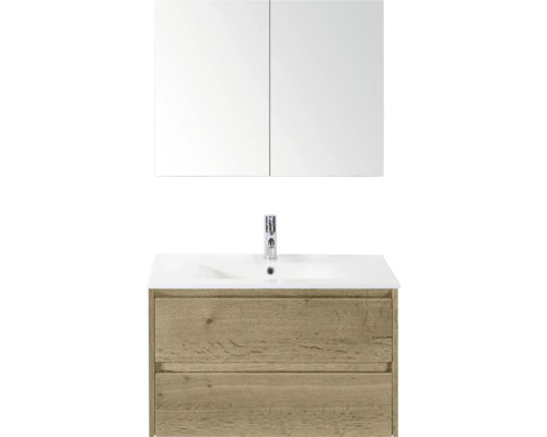 SANOX Badkamermeubelset Dante natuur eiken 80 cm met twee lades incl. keramische wastafel Enjoy met één kraangat en spiegelkast Wastafelonderkast met spiegel en twee laden