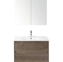 Wastafelmeubel met spiegel, houtlook en twee lades