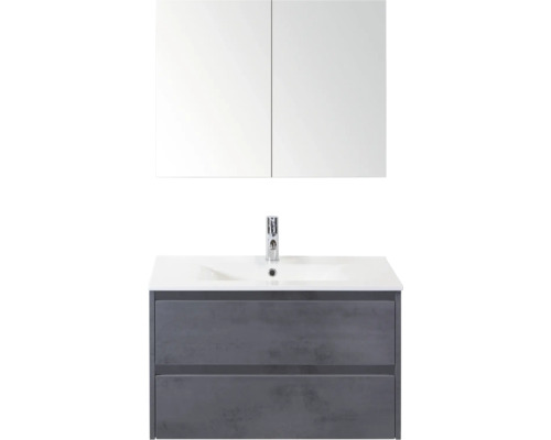 SANOX Badkamermeubelset Dante beton antraciet 80 cm met twee lades incl. keramische wastafel Enjoy met één kraangat en spiegelkast Wastafelcombinatie met spiegelkast en twee lades