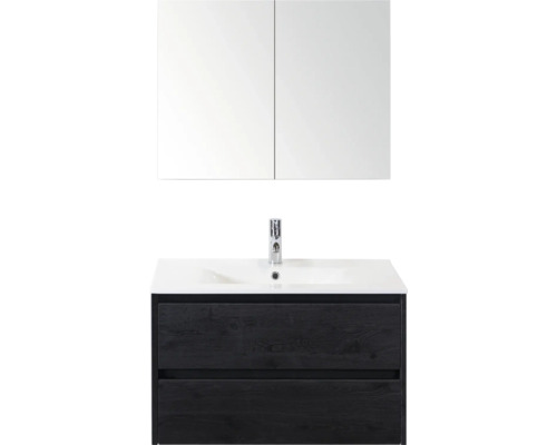 SANOX Badkamermeubelset Dante black oak 80 cm met twee lades incl. keramische wastafel Enjoy met één kraangat en spiegelkast Wastafelmeubel met spiegel, wastafel en twee lades