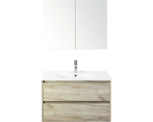 SANOX Badkamermeubelset Dante craft oak 80 cm met twee lades incl. keramische wastafel Enjoy met één kraangat en spiegelkast Badkamermeubelset met wastafelonderkast, wastafel en spiegelkast