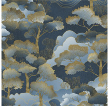 Behang met boom- en wolkenmotief in blauw- en goudtinten