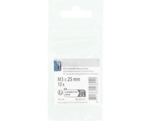 Roestvrijstalen schroef voor inbouwdoos, M3 x 25 mm, 10 stuks