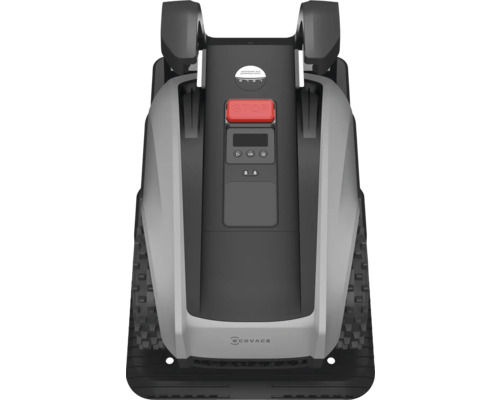 Bovenaanzicht van een grijze robotmaaier met een stopknop