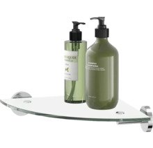 Glazen hoekplank met twee dispensers voor zeep en shampoo