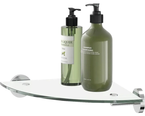 Glazen hoekplank met twee dispensers voor zeep en shampoo