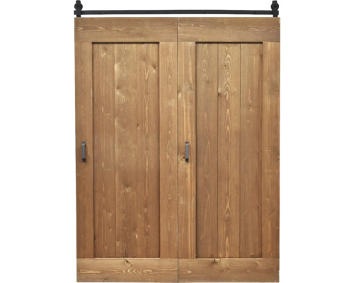 BARNDOOR Mid-Bar dubbele set vintage bruin met basic rail en grepen 90x215 cm Houten schuifdeur met hangrails voor binnenshuis