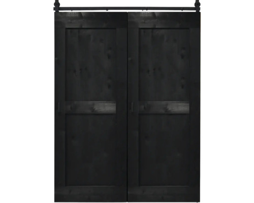 BARNDOOR Mid-Bar dubbele set vintage zwart met basic rail en grepen 90x215 cm Zwarte houten schuifdeur met beslag
