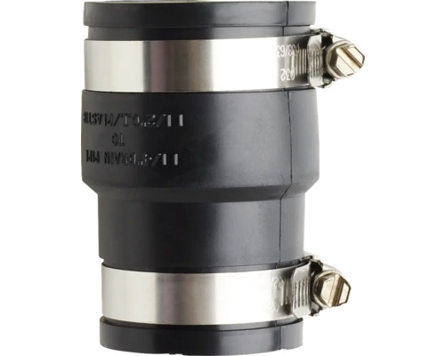 Zwarte plastic afvoerpijpconnector met metalen klemmen