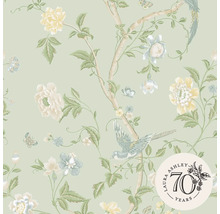 Behang met bloemen, vogels en Laura Ashley 70 jaar logo
