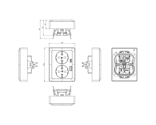 Technische tekening van een dubbel stopcontact met afmetingen