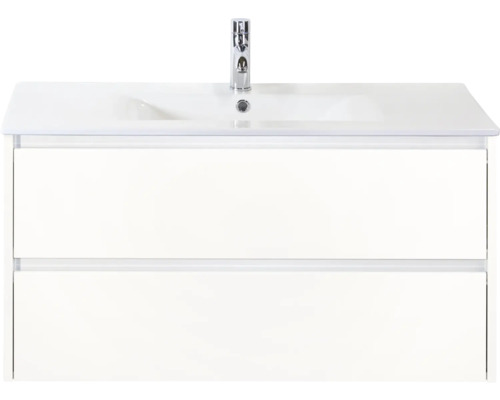 SANOX Badkamermeubelset Dante hoogglans wit 100 cm met twee lades incl. keramische wastafel Enjoy met één kraangat Wastafelmeubel met twee laden en kraan