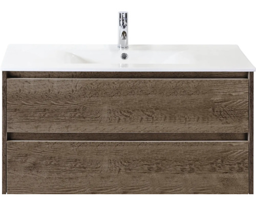 SANOX Badkamermeubelset Dante tabacco 100 cm met twee lades incl. keramische wastafel Enjoy met één kraangat Wastafelonderkast met twee laden en opzetwastafel
