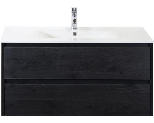 SANOX Badkamermeubelset Dante black oak 100 cm met twee lades incl. keramische wastafel Enjoy met één kraangat Wastafelonderkast met twee laden en kraan