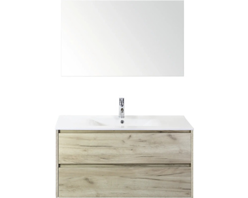 SANOX Badkamermeubelset Dante craft oak 100 cm met twee lades incl. keramische wastafel Enjoy met één kraangat en spiegel Wastafelmeubel met spiegel en twee laden