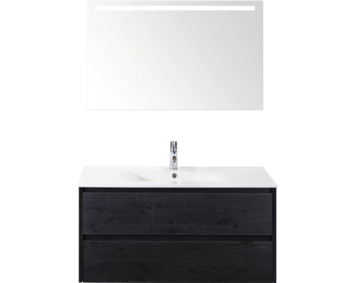 SANOX Badkamermeubelset Dante black oak 100 cm met twee lades incl. keramische wastafel Enjoy met één kraangat en spiegel met verlichting Wastafelmeubel met spiegel en verlichting voor de badkamer
