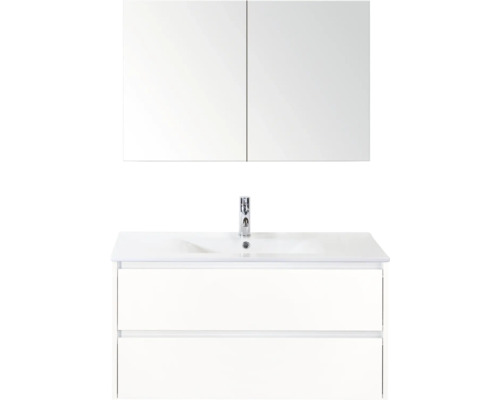 SANOX Badkamermeubelset Dante hoogglans wit 100 cm met twee lades incl. keramische wastafel Enjoy met één kraangat en spiegelkast Wastafelcombinatie met spiegelkast en twee lades