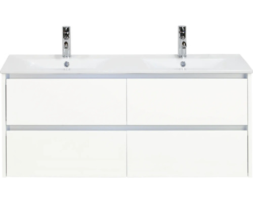 SANOX Badkamermeubelset Dante hoogglans wit 120 cm met vier lades incl. dubbele keramische wastafel Enjoy met twee kraangaten Wastafelonderkast met twee wastafels en vier laden