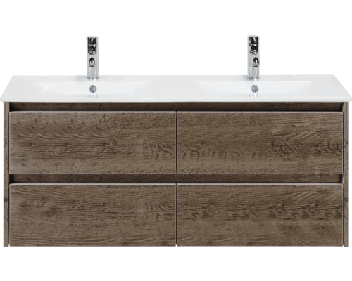 SANOX Badkamermeubelset Dante tabacco 120 cm met vier lades incl. dubbele keramische wastafel Enjoy met twee kraangaten Wastafelonderkast met dubbele wastafel en vier lades in houtlook