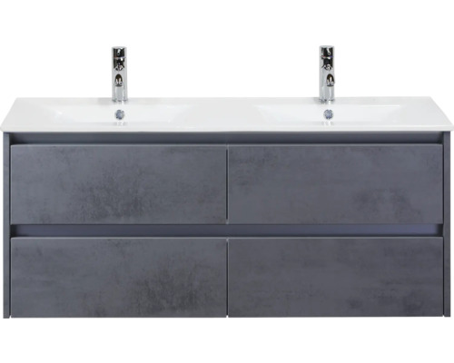 SANOX Badkamermeubelset Dante beton antraciet 120 cm met vier lades incl. dubbele keramische wastafel Enjoy met twee kraangaten Wastafelonderkast met twee wastafels en vier laden
