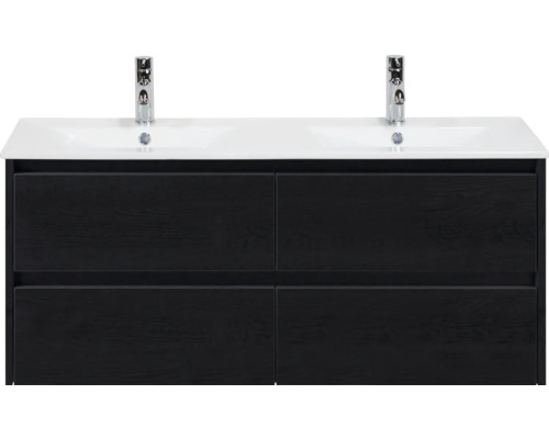 SANOX Badkamermeubelset Dante black oak 120 cm met vier lades incl. dubbele keramische wastafel Enjoy met twee kraangaten Wastafelmeubel met twee wastafels en vier lades