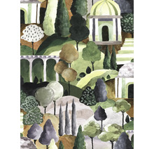 Schilderij van een tuinlandschap met bomen en bouwwerken