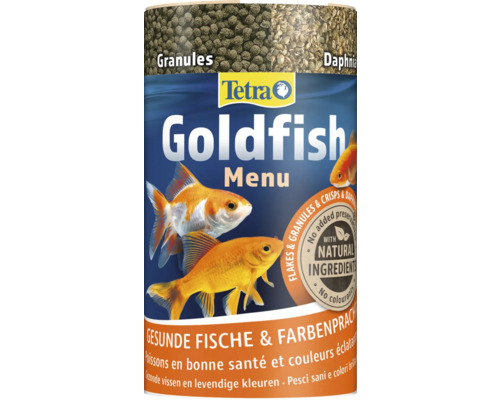 Tetra Goldfish Menu visvoer met vlokken, korrels en chips in verpakking