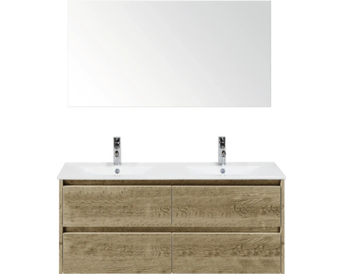 SANOX Badkamermeubelset Dante natuur eiken 120 cm met vier lades incl. dubbele keramische wastafel Enjoy met twee kraangaten en spiegel Wastafelcombinatie met twee wastafels, onderkast met vier laden en spiegel